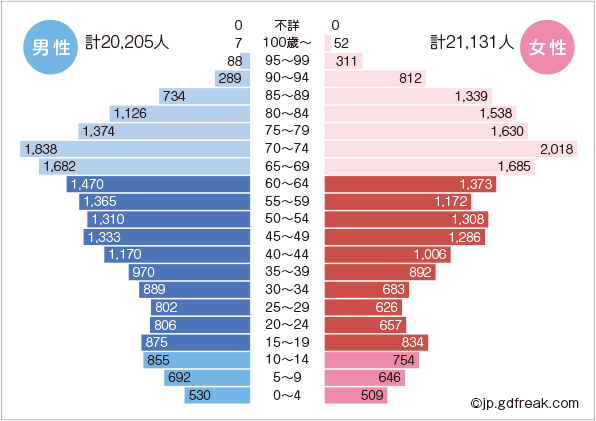 糸魚川市の2021年1月1日の人口構成（住民基本台帳ベース、総人口）