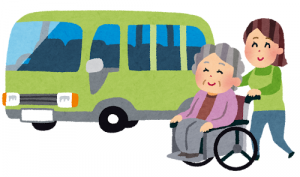デイサービスの迎えの車に乗るおばあさんのイラスト