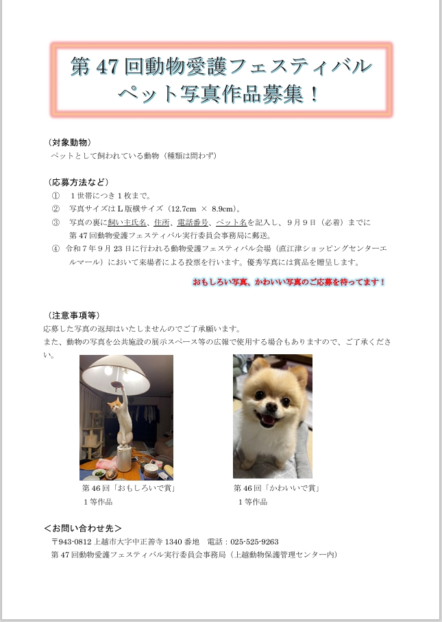 動物愛護フェスティバル　ペット写真作品募集！