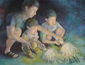 絵画部門の第20回記念特別賞です。花火をしている親子の絵です。